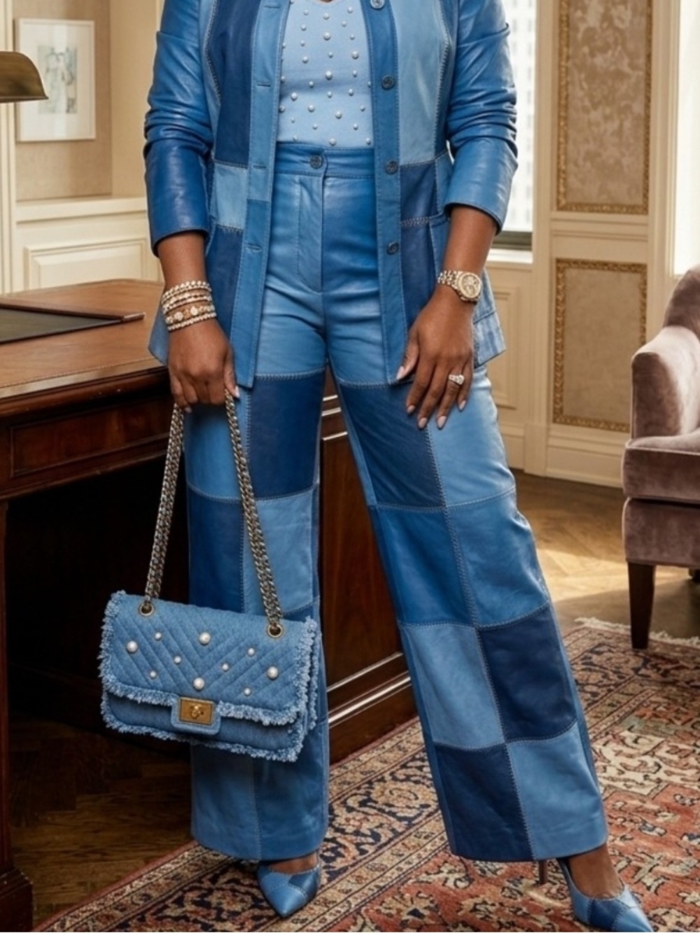 Karl Lager-field Light Blue Quilted Denim Shoulder Bag with Pearl Studs